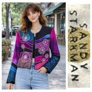 Sandy Starkman VTG Silk Wearable Art Wear Patchwork Embroidered Zip Jacket L